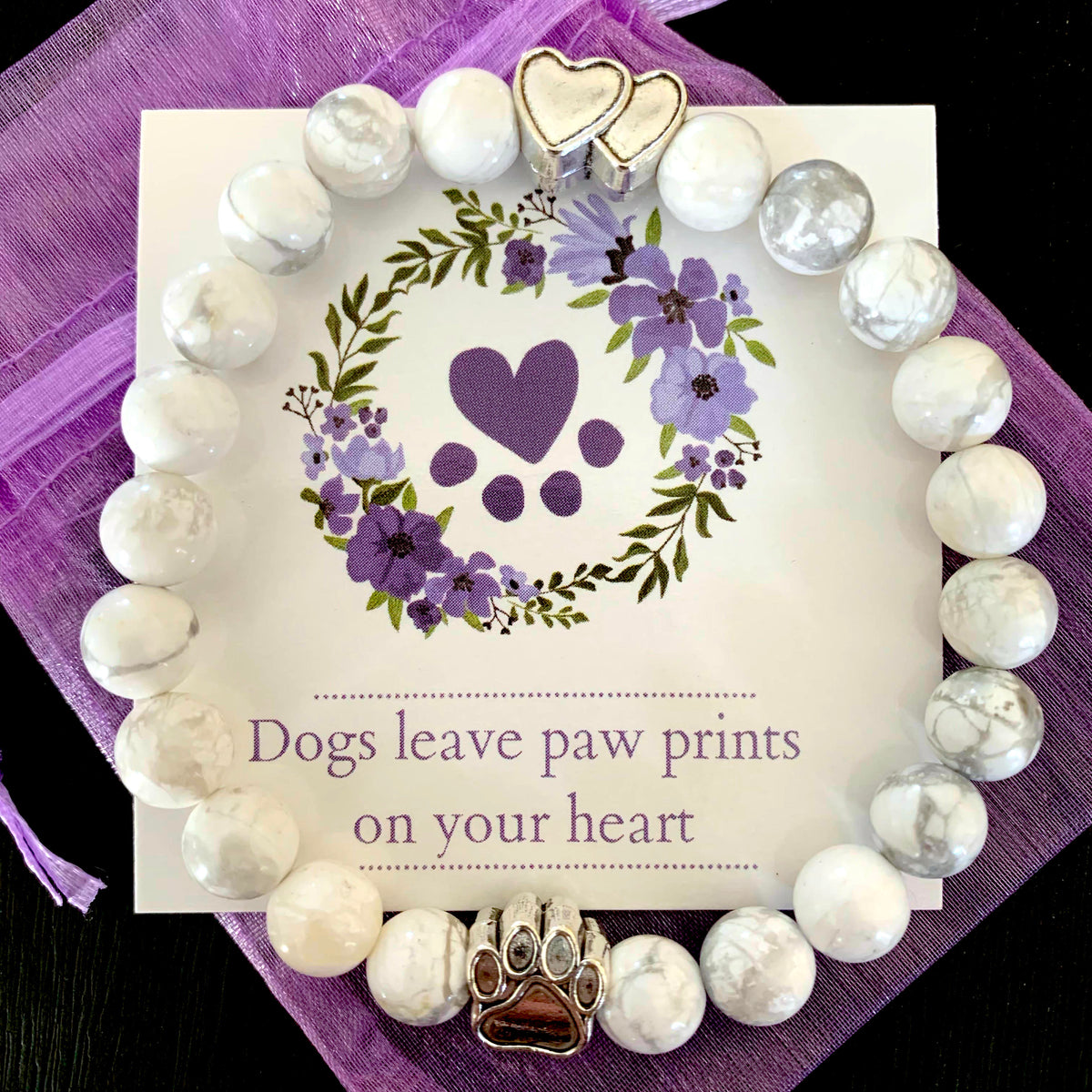 "Forever In My Heart" White Marble Bead Bracelet (Double Heart Charm) Casper's Rescue Shop